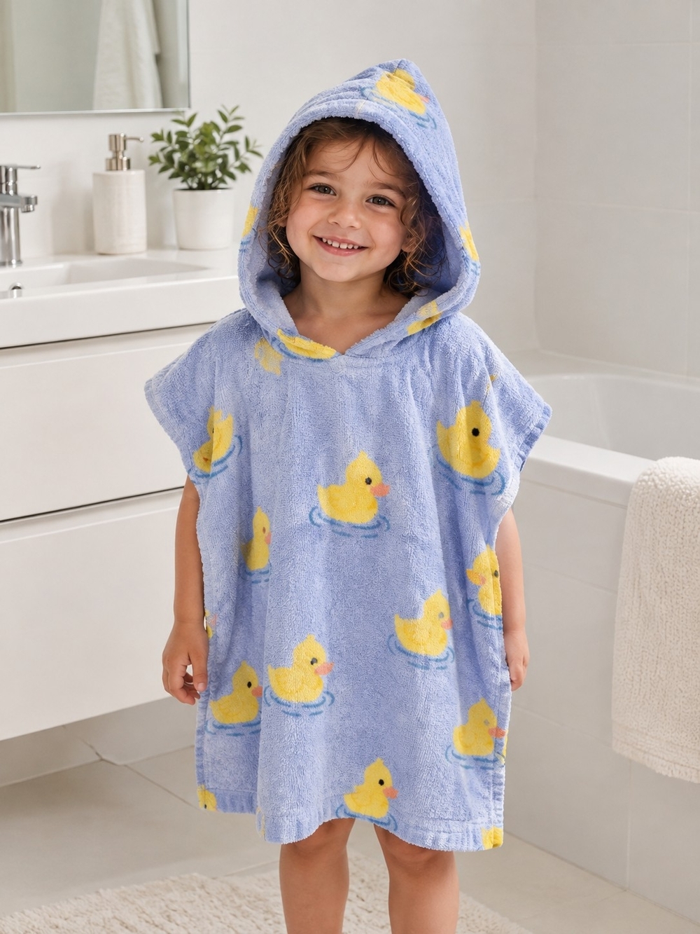 Kids Hooded Towel Poncho - Blue with Yellow Duck Print